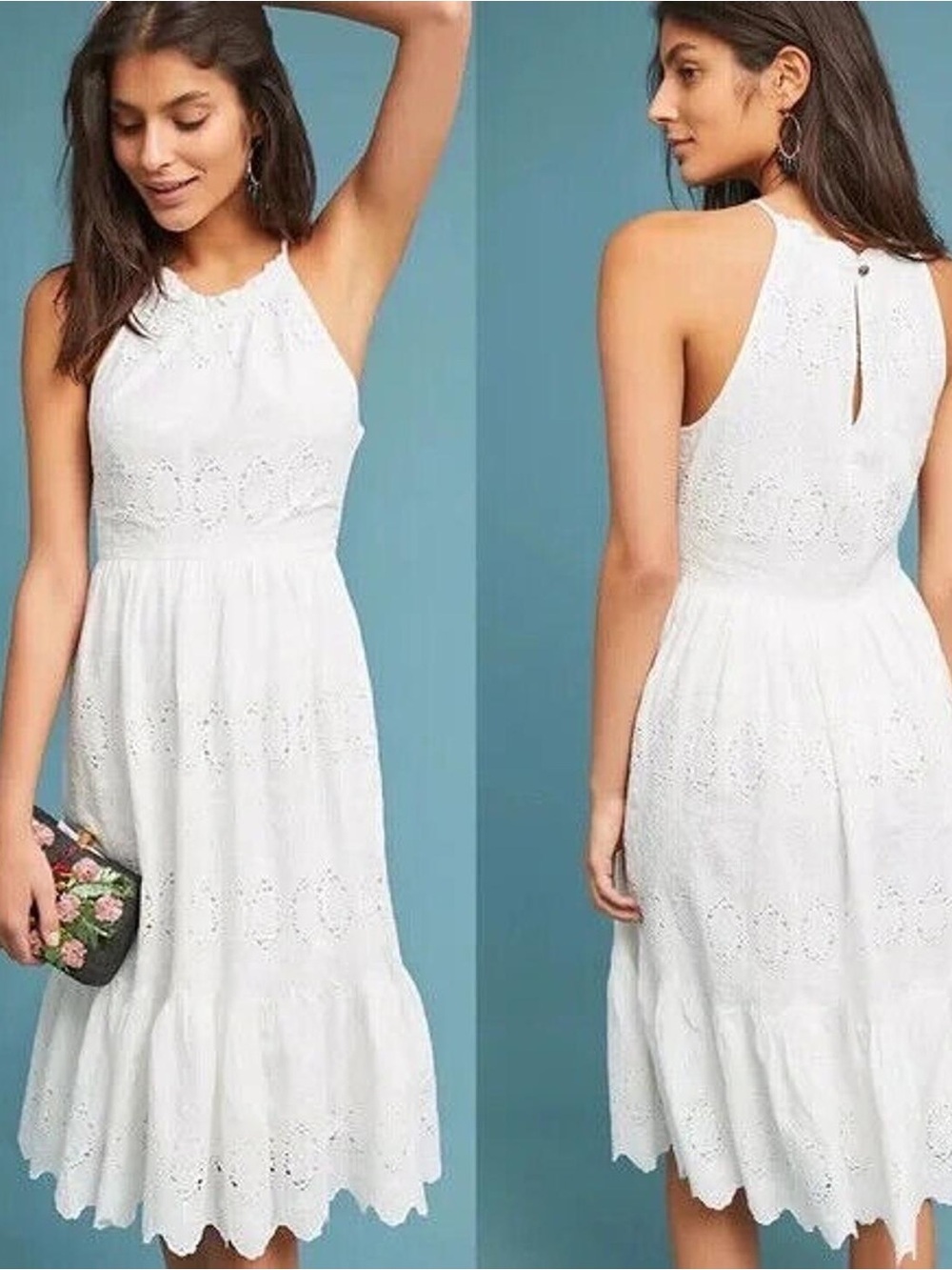 Maeve Anthropologie tiered eyelet halter neck  embroidered details. SZ 16